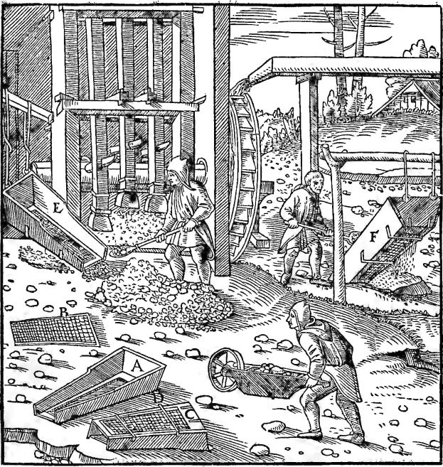 Schwarze und weiße Gravur eines Mannes in einem langen Mantel und Hut, der in einem 16. Jahrhundert Garten arbeitet, eine Schaufel und einen Handwagen hält, umgeben von Werkzeugen wie einer Harke, einem Rad und einem Eimer.