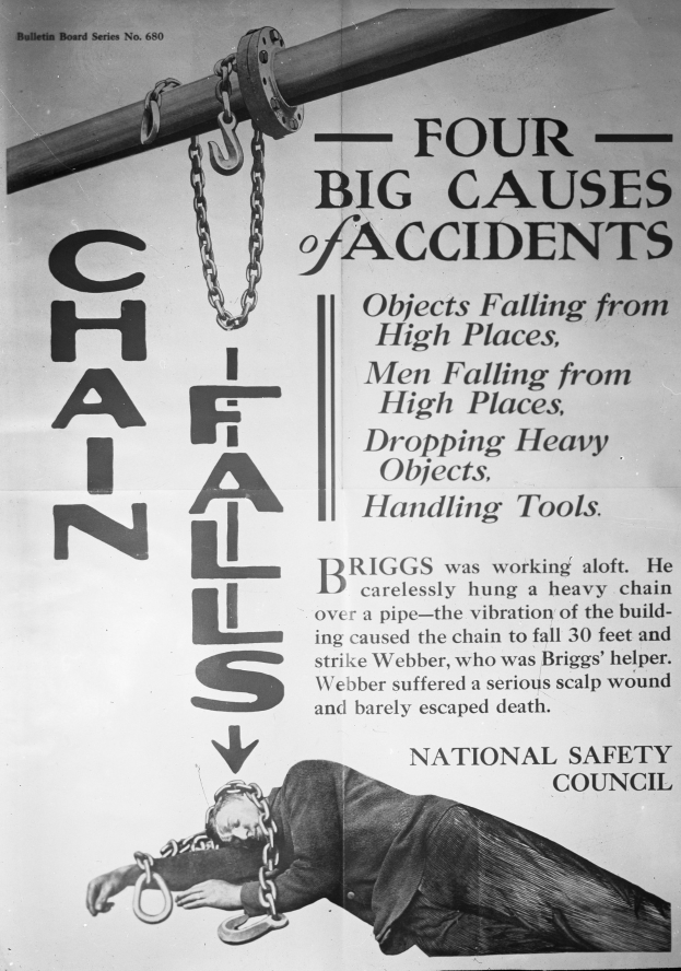 Schwarz-weißes Plakat mit der Aufschrift "Vier große Unfallursachen" zeigt ein Bild einer Person auf einem Pfahl mit Ketten.