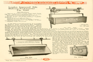 Anzeige für den verbesserten Seitengabe-Feed-Träger von Louden, mit einem großen rechteckigen Gerät mit Griff an der Oberseite, Seitendeckel und Bodenförderband, neben Text mit Spezifikationen.