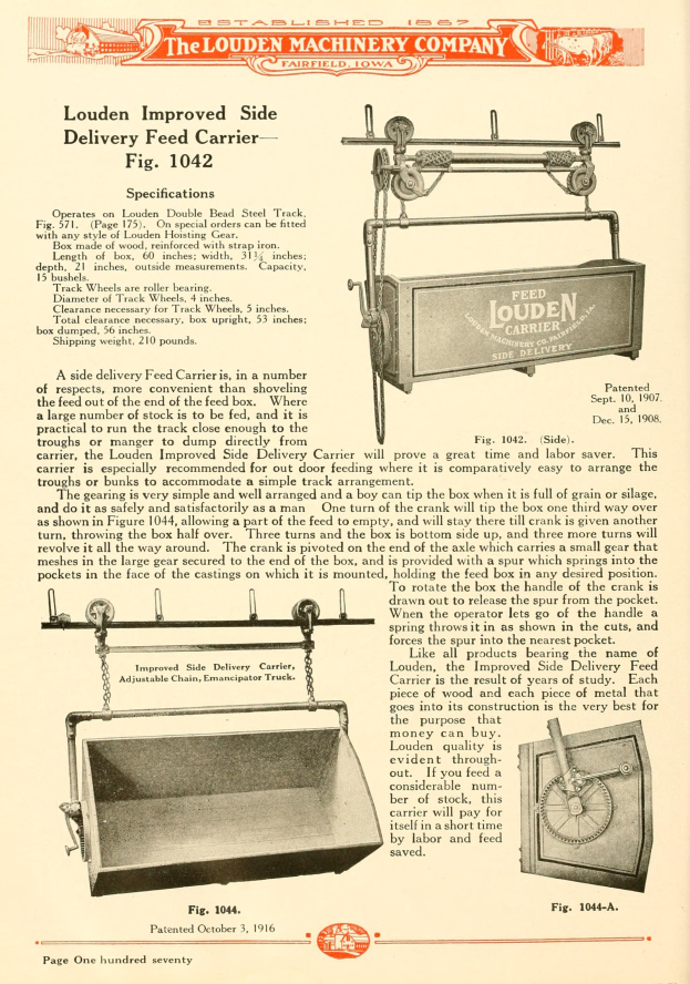 Anzeige für den verbesserten Seitengabe-Feed-Träger von Louden, mit einem großen rechteckigen Gerät mit Griff an der Oberseite, Seitendeckel und Bodenförderband, neben Text mit Spezifikationen.