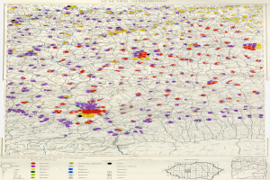 Eine Deutschlandkarte mit farbigen Punkten, die die Verteilung der Bevölkerung in jedem Land darstellen, begleitet von Text am unteren Rand.