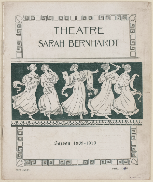 Ein Vintage-Plakat des Theaters Sarah Bernhardt aus dem Jahr 1909-1910, das eine Gruppe von Frauen in der Mitte zeigt und Text, der das Theater und seine Darsteller beschreibt.