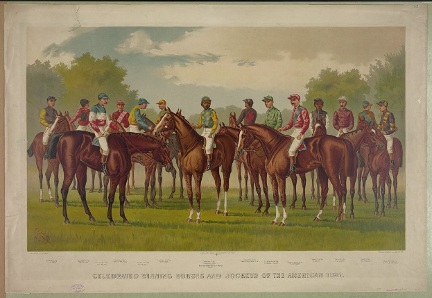 Gruppe von Menschen, die auf einem grünen Feld mit Bäumen und einem blauen Himmel reiten, mit Text unten: "Feier der siegreichen Pferde und Jockeys des amerikanischen Turf."