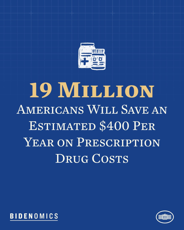 Blauer Hintergrund mit wei├čer Schrift und Logo, das besagt: "19 Millionen Amerikaner sparen sch├Ątztweise 400 Dollar pro Jahr bei verschreibungspflichtigen Medikamenten."
