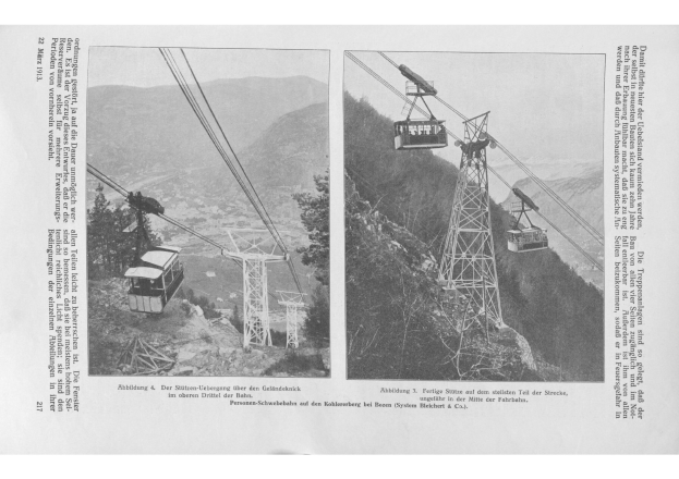 Schwarz-weiß-Foto einer Seilbahn, die einen bewaldeten Berg hinauffährt, mit zwei zusätzlichen Bildern der Seilbahn und begleitendem Text.