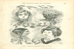 Ein altes Buchcover mit einer Zeichnung von vier Frauenköpfen und dem Text "Die queere Seite der Dinge".