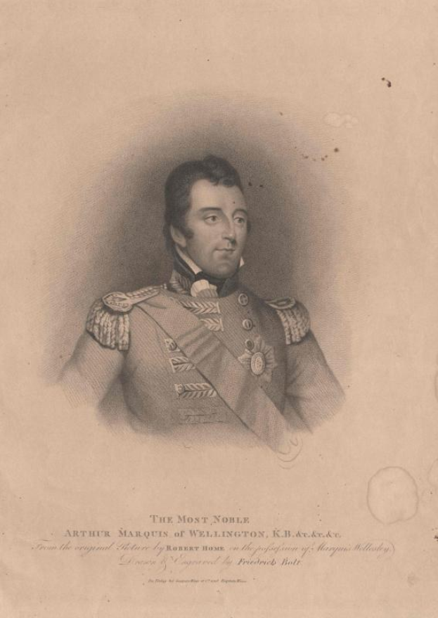 Porträt von Arthur, Marquis von Wellington in militärischer Uniform mit Schirmmütze, strenger Miene und direktem Blick.