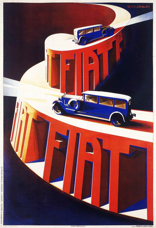 Blaue und rote Fiat-Autos auf einem Werbeplakat mit dem Wort "Fiat" sichtbar.