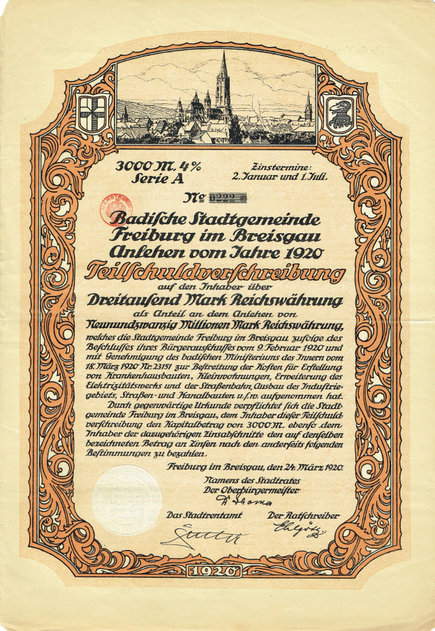 Altes deutsches Aktienzertifikat mit einer Stadtillustration und gedrucktem Text, das wahrscheinlich den Ursprung der Aktie beschreibt.