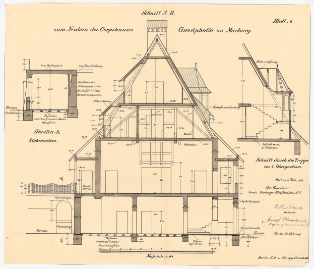 Ein detailliertes architektonisches Zeichnung eines Hauses mit zahlreichen Fenstern und einem Dach, identifiziert als das erste Haus in Deutschland, begleitet von Pl├Ąnen und Text auf dem Papier.