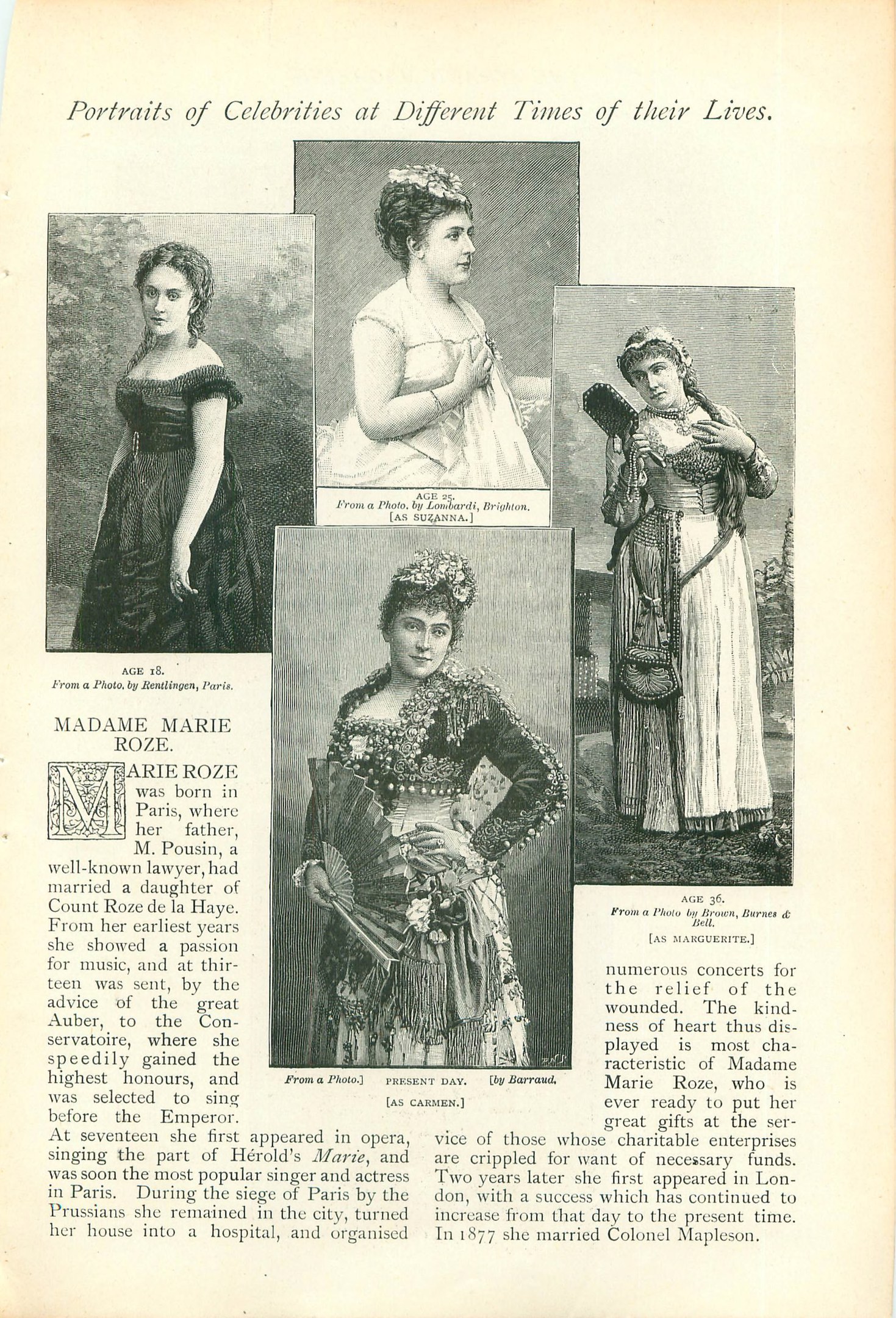 Altes Buch mit dem Titel "Porträts von Prominenten zu verschiedenen Zeiten ihres Lebens" mit Illustrationen von Frauen in langen, hochgeschlossenen Kleidern mit Haaren im Dutt.