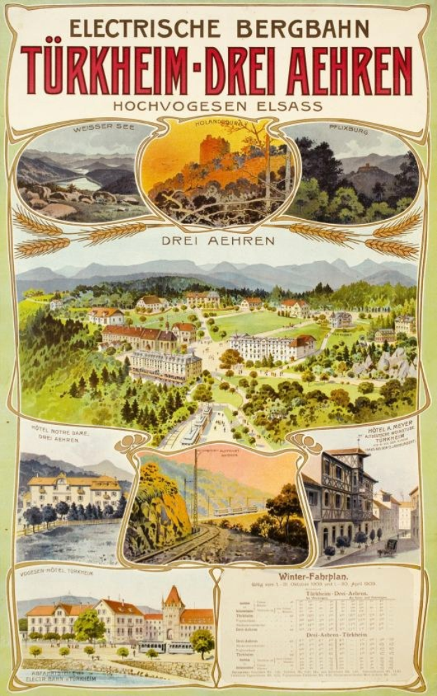 Plakat für Bergbahn, Deutschland als elektrisches Stadt, mit Bildern von Gebäuden, Bäumen, Hügeln und beschreibendem Text.