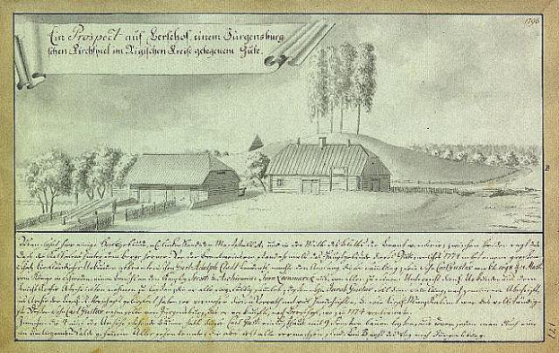 Ein altes Dokument, das ein Farmhaus inmitten eines Feldes mit Häusern, Bäumen und Himmel zeigt, beschriftet mit "Surgensburg, Deutschland - Landschaft einer Farm".