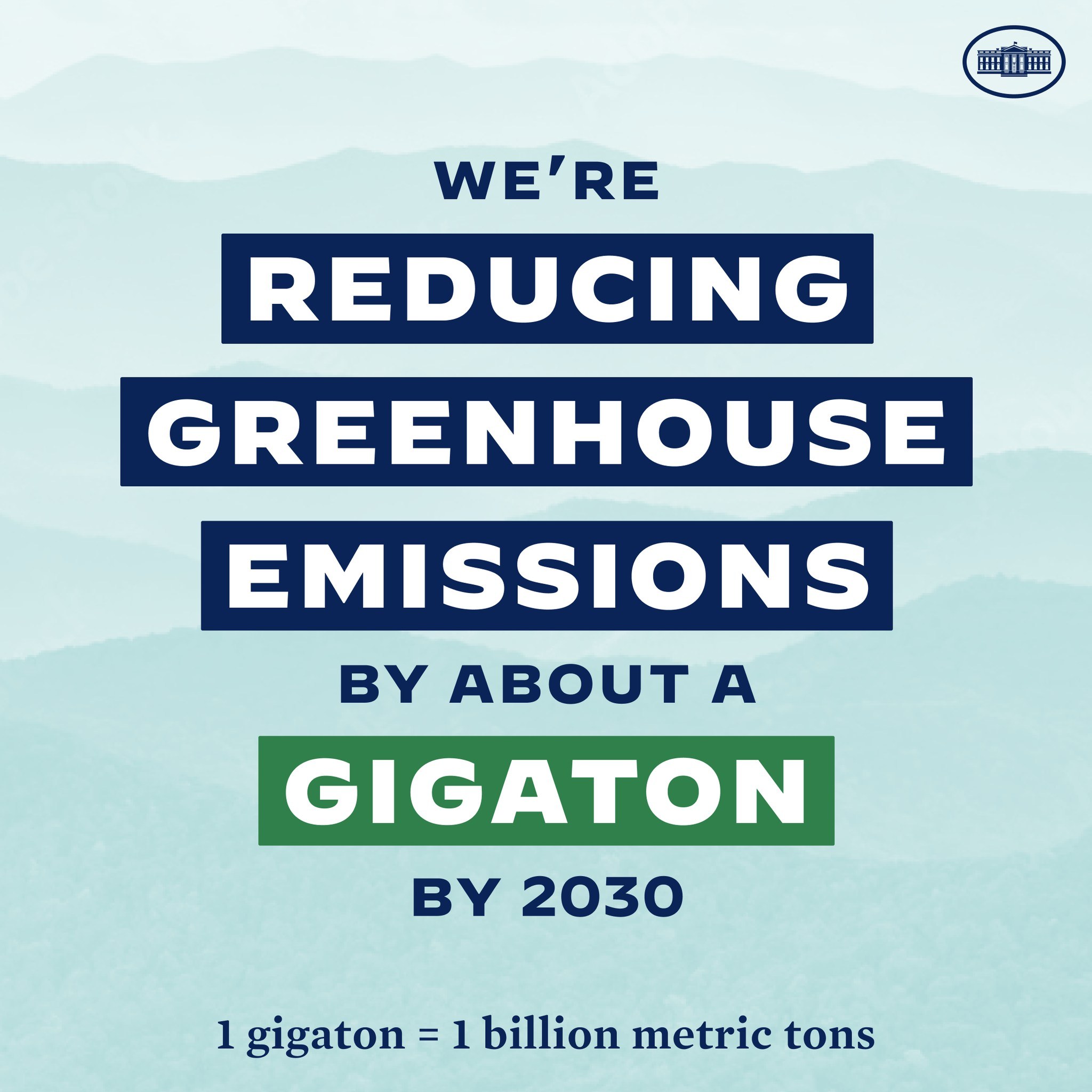 Plakat mit Text und Logo, auf dem "Wir reduzieren die Treibhausgasemissionen um etwa eine Gigatonne bis 2030" steht und für eine signifikante Reduzierung der Treibhausgasemissionen bis 2030 wirbt.