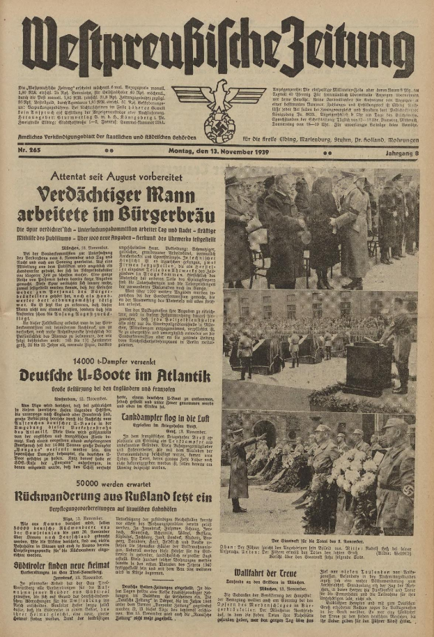 Schwarze Titelseite einer deutschen Zeitung vom 13. November 1939 mit der Schlagzeile 'Weitpreubliche Zeitung' und einem Foto von Menschen in traditioneller deutscher Tracht.