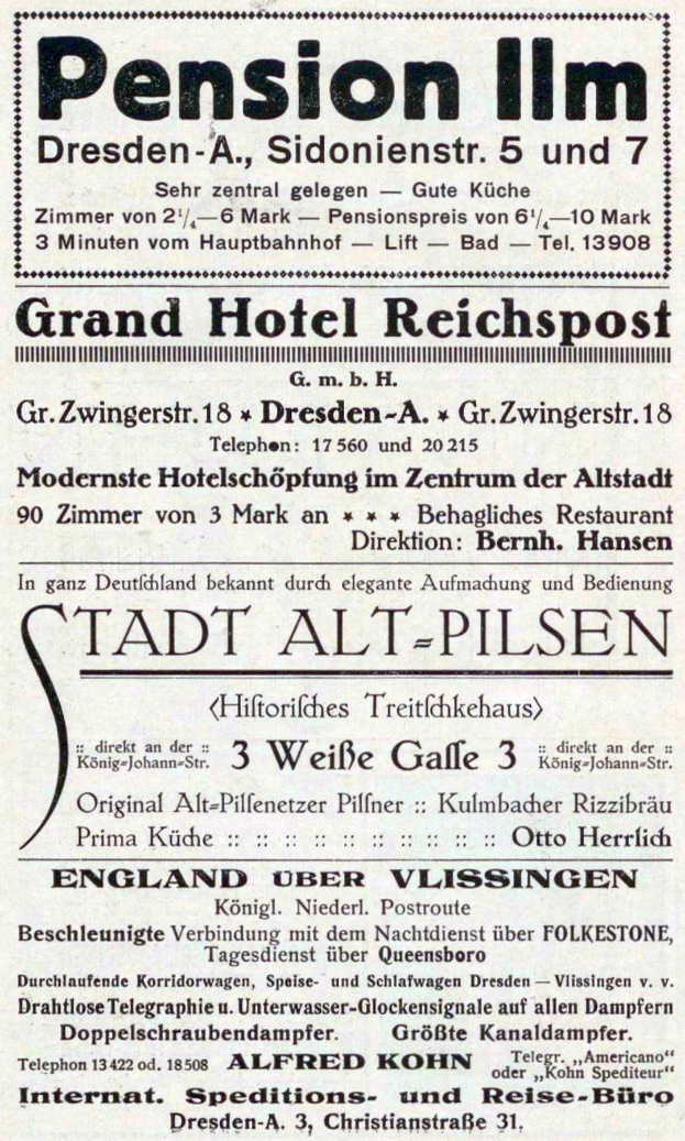 Schwarze und weiße Zeitungsanzeige für das Pensionshaus in Dresden, Deutschland.