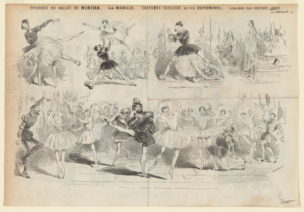 Ein Buchseite mit einer Zeichnung von tanzenden Menschen in dynamischen Posen, begleitet von Text, der die Einzelheiten des Ereignisses beschreibt.