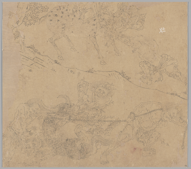 Eine Zeichnung eines Mannes in einem langen Gewand, der auf einem galoppierenden Pferd in einem saftig grünen Feld bei Sonnenuntergang reitet, mit einem menschlichem Gesicht in der Mitte des Papiers.