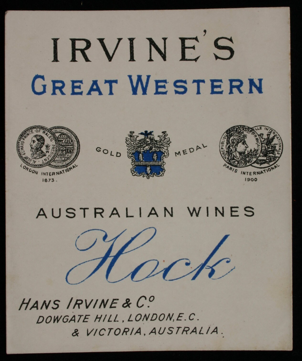 Plakatwerbung für Irvines Große Western-Australische Weine Hock, das die Logos des Unternehmens und Text enthält, der verschiedene Weinarten angibt.
