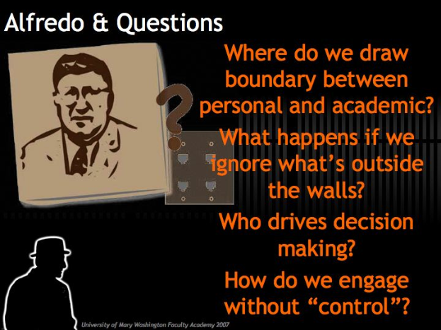 Ein Plakat mit einem Bild von Alfredo und Text, der Fragen zur Grenze zwischen Privatem und Akademischem, Entscheidungsfindung und Engagement stellt.