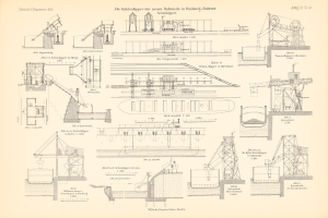 Eine handgezeichnete Skizze von Maschinen, einschließlich Kränen, begleitet von handschriftlichen Notizen, die Komponenten beschreiben.