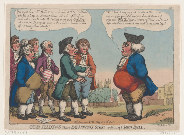 Cartoon darstellend eine Gruppe von Menschen vor einem Gebäude, Bäumen und einem Himmel mit Text unten lesend "odd fellows from downing street complaining to John Bull".