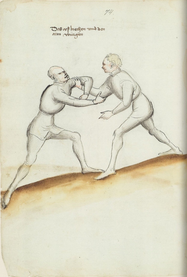 Zwei Männer stehen sich gegenüber und sind in eine körperliche Auseinandersetzung verwickelt, wobei einer der Männer einen Schlag gegen den anderen führt, während er auf einem Blatt Papier mit sichtbarem Text steht.