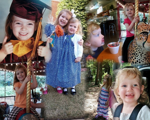 Ein Collage-Bild mit Vergnügungsparkteilen, einem Tisch mit Lebensmitteln, Besteck und verschiedenen Gegenständen vor einem Hintergrund aus Bäumen, Büschen und Lichtern.