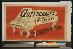 Ein Plakat für Gott'schalk's Abschiedskonzerte in Amerika, das ein großes Klavier mit darauf geschriebenem Text und Farbskalen unten zeigt.