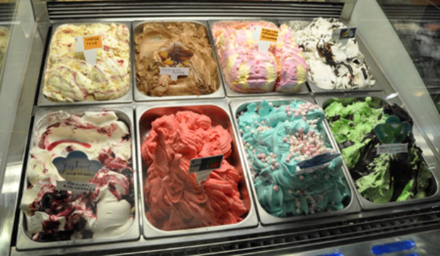 Tabletts mit verschiedenen Eiscreme-Sorten, jeweils mit einem beschrifteten Namensschild.