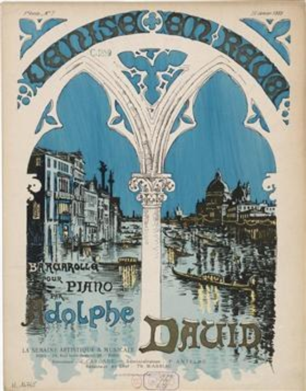 Plakat, das ein Klavierkonzert in Venedig, Italien, ankündigt, mit einem Bild von Gebäuden, Wasser und einer Säule mit Text.