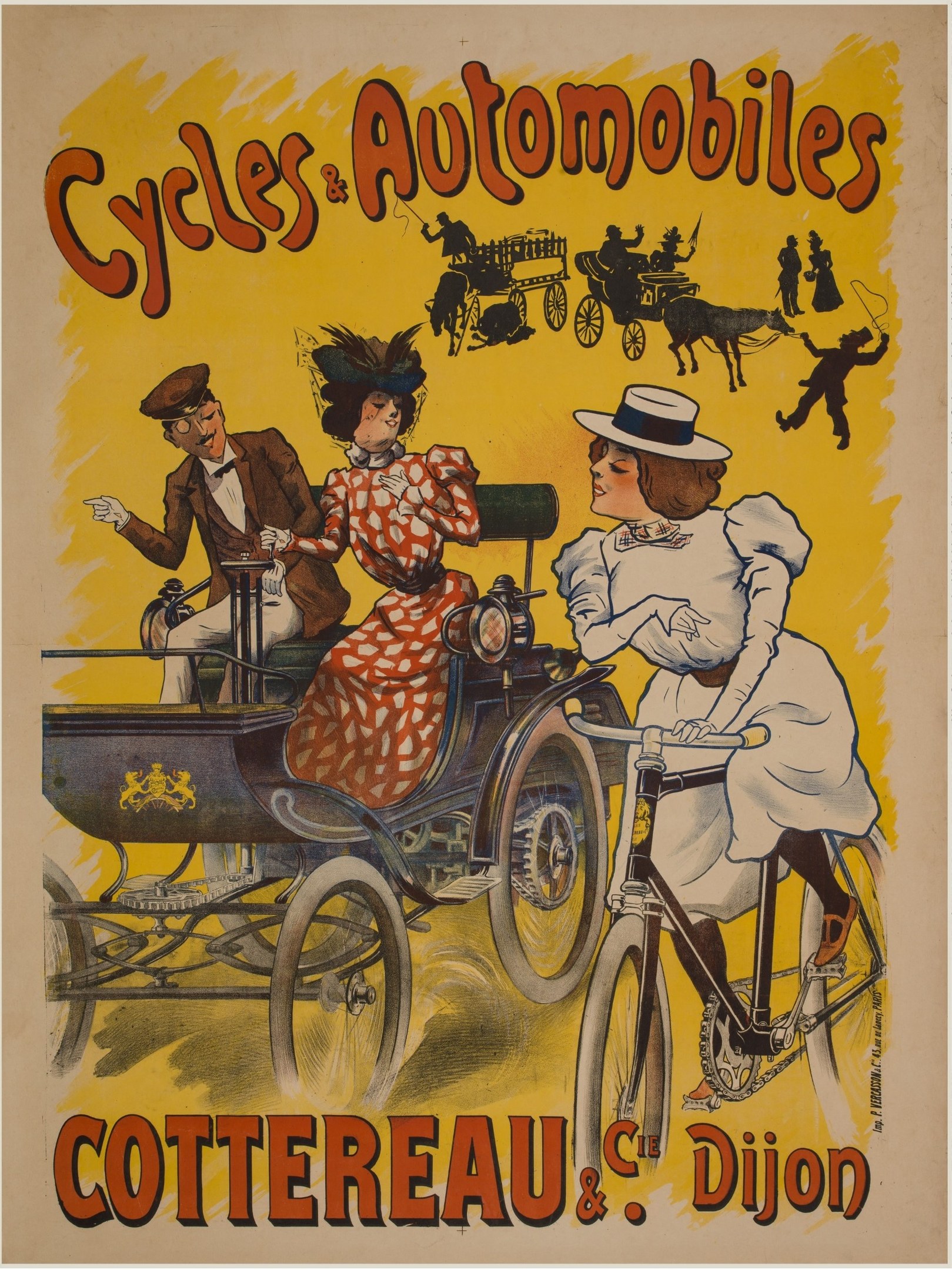 Plakat, das Fahrräder und Automobile in Cottereau und Dijon, Frankreich, bewirbt, zeigt Menschen auf Fahrrädern und eine Kutsche mit der Aufschrift "Fahrräder und Automobile" oben.