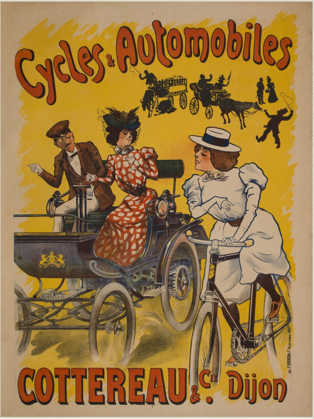 Plakat, das Fahrräder und Automobile in Cottereau und Dijon, Frankreich, bewirbt, zeigt Menschen auf Fahrrädern und eine Kutsche mit der Aufschrift "Fahrräder und Automobile" oben.
