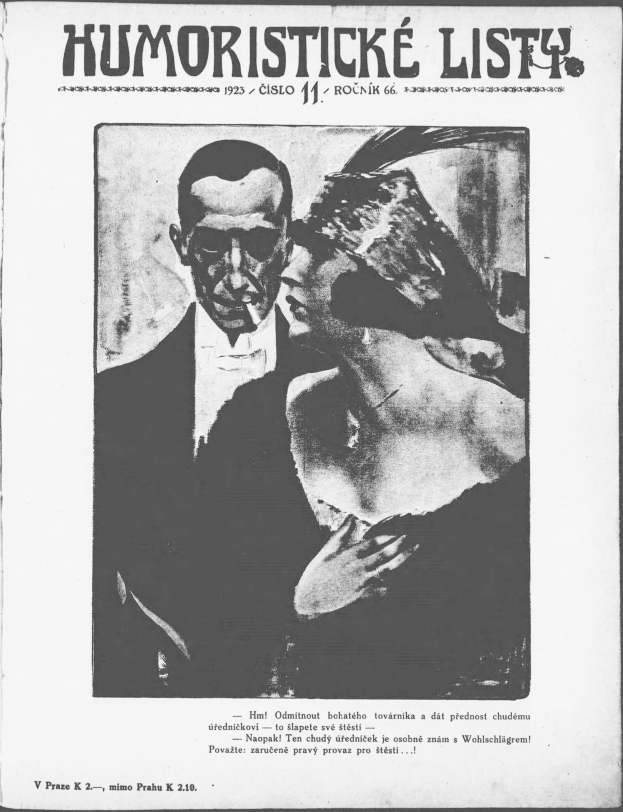 Schwarz-weißes Magazin-Cover mit der Aufschrift 'Humoristische Liste', das einen Mann im Anzug mit ernster Miene und eine Frau zeigt, die wegschaut und leicht schmunzelt.