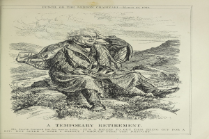 Ein altes Buch mit einer Zeichnung eines ernst dreinschauenden Mannes in einem langen Mantel und Hut darauf, mit der Aufschrift "Eine vorläufige Rente" auf dem Cover.