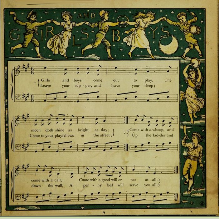 Ein Blatt Papier mit einer Gruppe von Kindern, die fröhlich in bunten Kleidern tanzen, mit großen Lächeln, neben einem Notenblatt mit der Aufschrift 'Jungs und Mädels', gefüllt mit Noten und Symbolen.