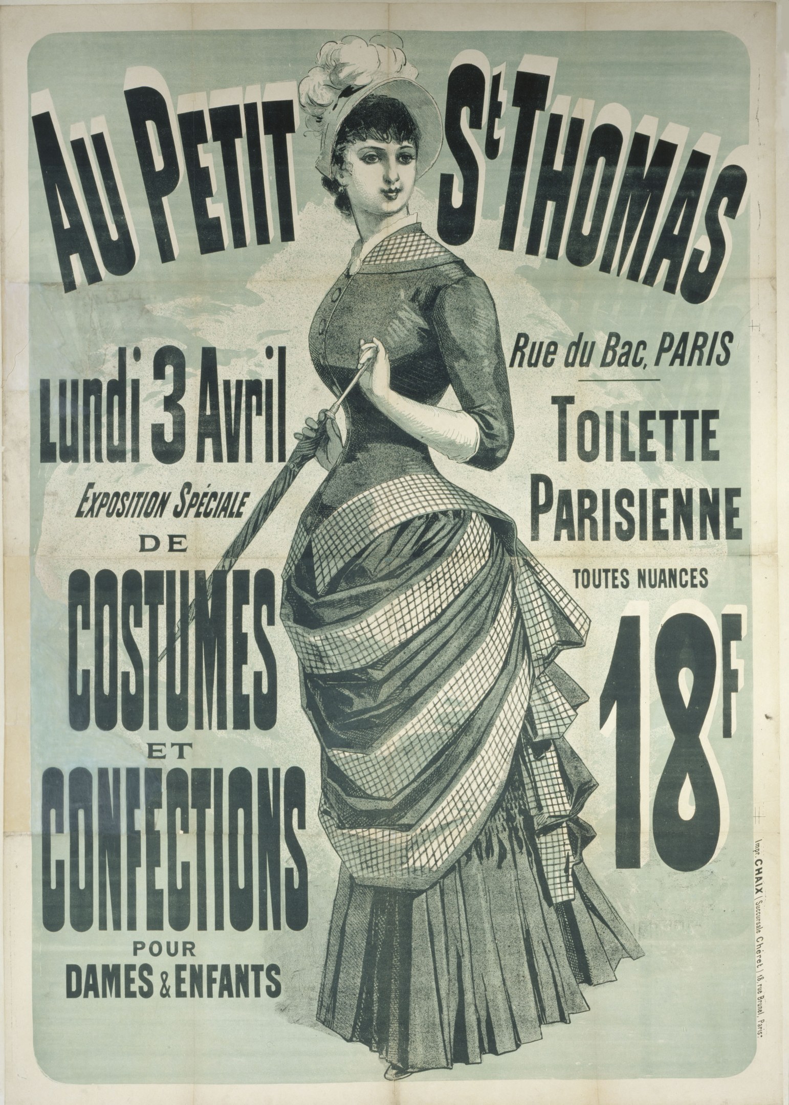 Ein Vintage-Plakat, das eine Kostümvorstellung ankündigt und eine Frau in einem langen, hochgeschlossenen, langärmeligen Kleid mit einem Dutt zeigt, die anmutig mit verschränkten Händen posiert.