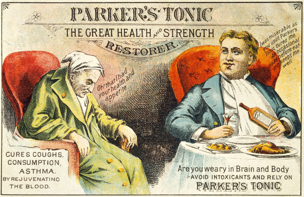 Werbung für Parker's Tonic, die zwei Personen an einem Tisch mit Essen zeigt, eine hält eine Flasche und ein Glas, und Text, der das Produkt bewirbt.