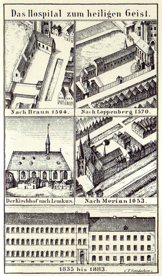 Eine detaillierte Plakat-Illustration eines deutschen Krankenhauskomplexes mit Gebäuden, die Fenster, Türen und Balkone aufweisen, begleitet von Text, der die Größe, Lage und Merkmale des Krankenhauses beschreibt.