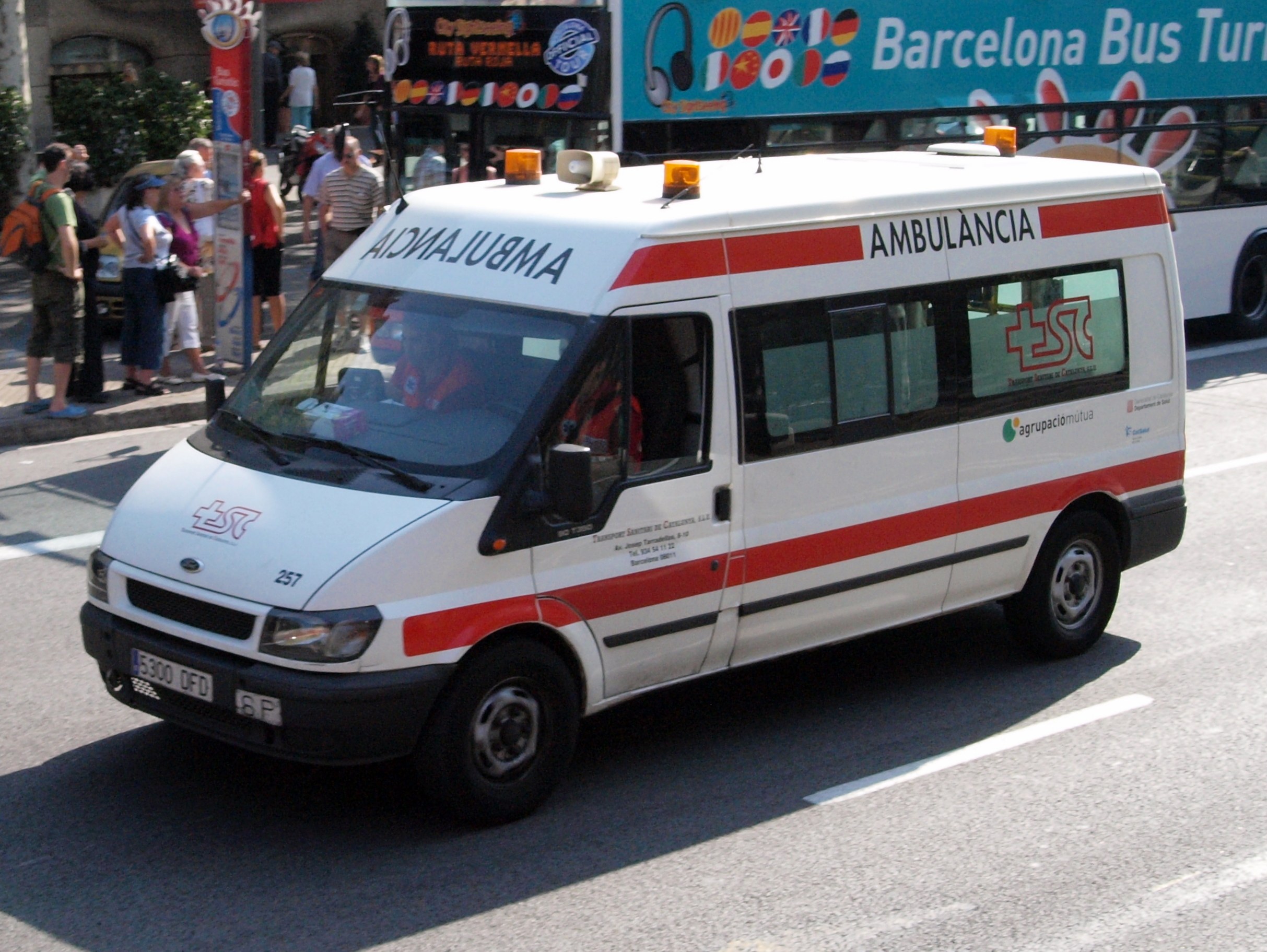 Rettungswagen fährt an einem Bus mit Menschen auf dem Gehweg vorbei, Gebäude und Bäume im Hintergrund unter einem klaren blauen Himmel.