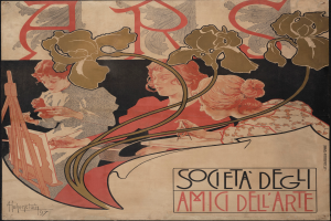 Ein Plakat, das die Gesellschaft der Kunst von Alphonse Mucha ankündigt, zeigt eine farbenfrohe Illustration von drei einzigartig gestalteten Menschen vor einem hellgelben Hintergrund, mit der Aufschrift "Gesellschaft der Kunst" in fetter schwarzer Schrift.
