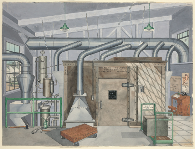 Ein detailliertes Bild eines industriellen Fabrikinneren mit Maschinen, Rohren, Möbeln, Fenstern und einem Schild mit der Aufschrift "American Foundry Equipment Co, Indiana".