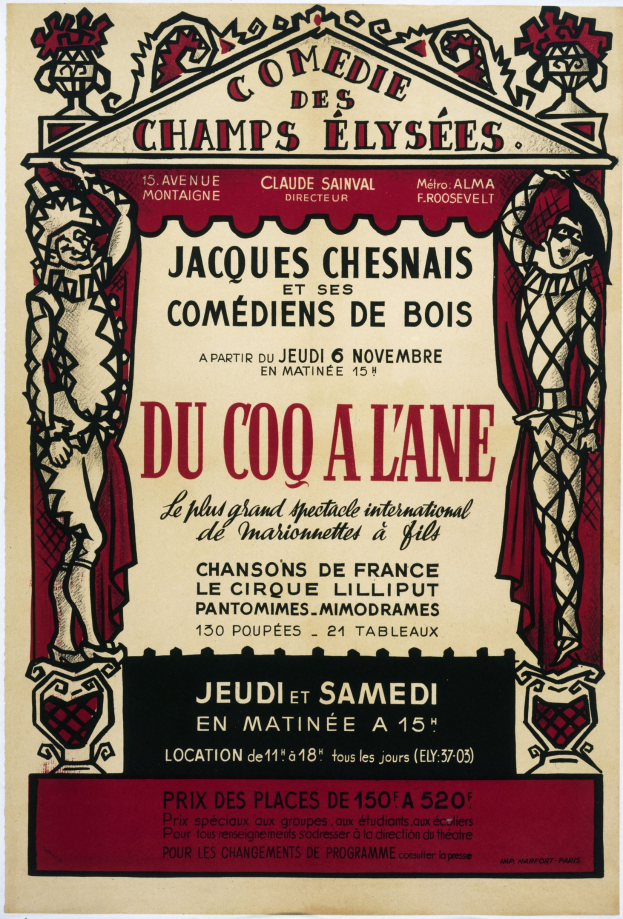 Plakat, das eine Comedy-Show an den Champs-Élysées in Paris ankündigt und Text und Bilder enthält.