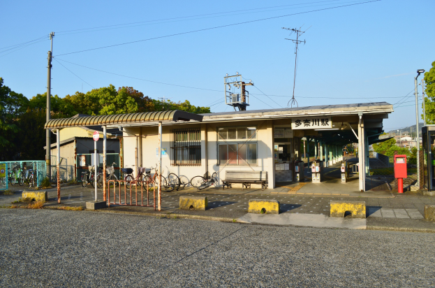 Fahrräder vor einem Bahnhof geparkt, mit einer Straße darunter, Häusern und Bäumen im Hintergrund und einem klaren blauen Himmel.
