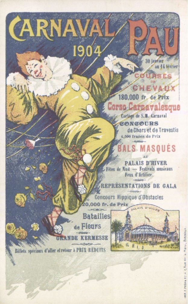 Ein altes Buch mit einem Cover, das einen Clown in einem bunten Kostüm und einen verschmitzten Ausdruck zeigt, mit der Aufschrift "Carnaval Pau 1904".