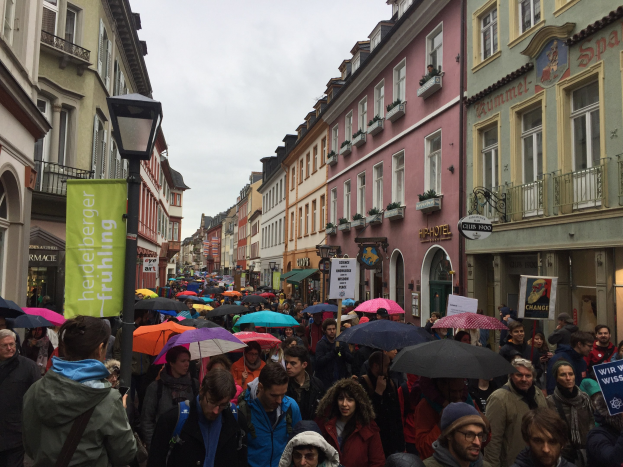 Große Gruppe von Menschen, die eine Straße mit Schirmen und Schildern während eines Klimastreiks in Deutschland überqueren, mit Gebäuden und einem Laternenpfahl im Hintergrund.