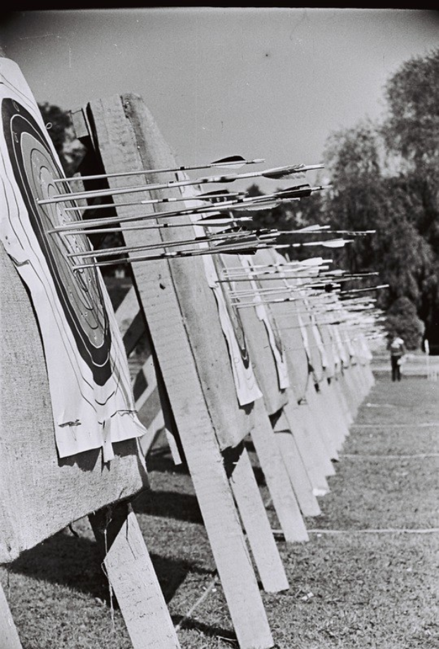Schwarzes und weißes Foto eines Bogenschießziels mit Pfeilen in der Mitte, umgeben von Bäumen und einer Person im Hintergrund, mit Boden sichtbar unten.