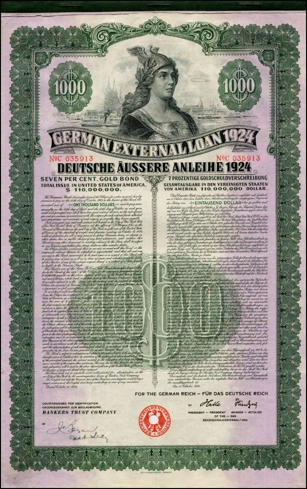 Deutsches Auslandsdarlehen-Zertifikat aus dem Jahr 1924 mit einem Porträt einer Frau, mit gedrucktem Text und numerischen Angaben zur Denomination auf altem Papier.