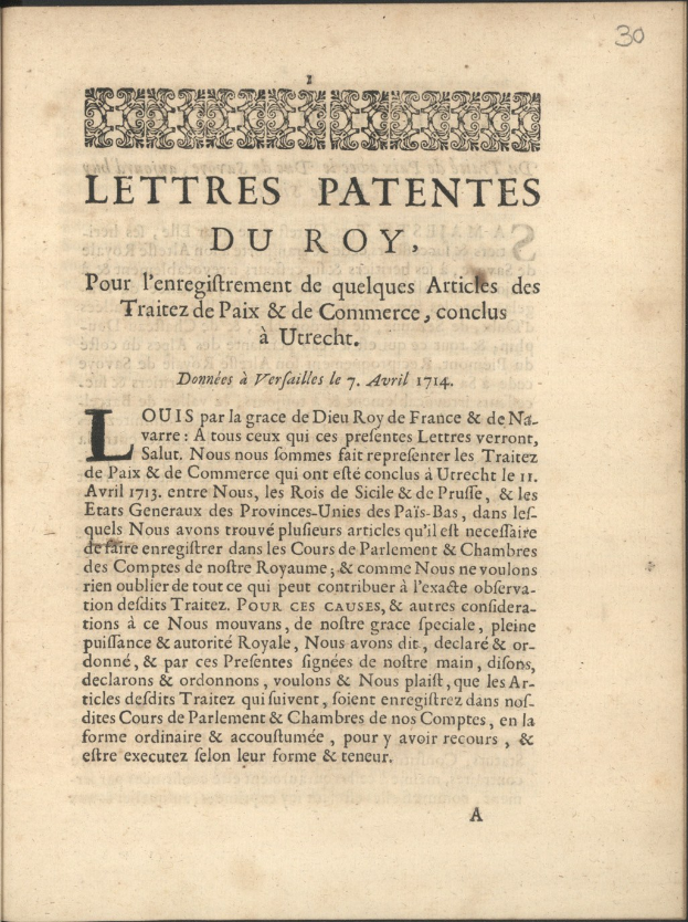 Offenes Buch mit dem Titel "Letters Patentes du Roy" mit fetter Schrift und einem detaillierten Design auf der sichtbaren Seite.