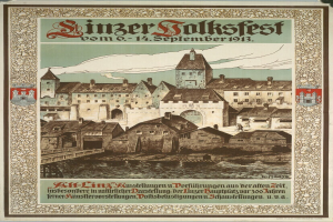 Alter deutscher Volksfestplakat mit einer Burgen-Illustration umgeben von Häusern und Text.